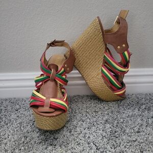 Anna Brown and Red, Gree & Yellow Espadrille Wedge Sandals Size 7.5
